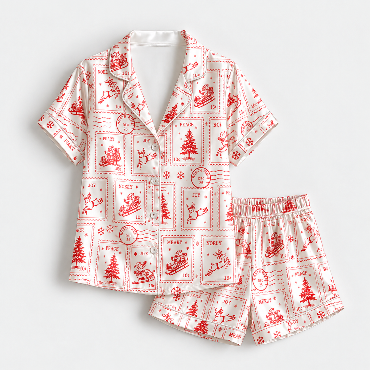 PJ-1886-Vintage Christmas Postage Satin Pajama Set with Santa Reindeer Trees and Retro Holiday Stamp Pattern for Cozy Sleepwear