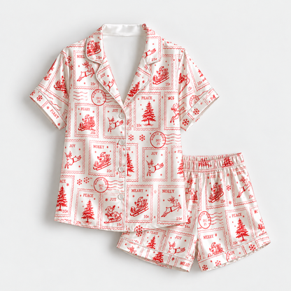 PJ-1886-Vintage Christmas Postage Satin Pajama Set with Santa Reindeer Trees and Retro Holiday Stamp Pattern for Cozy Sleepwear