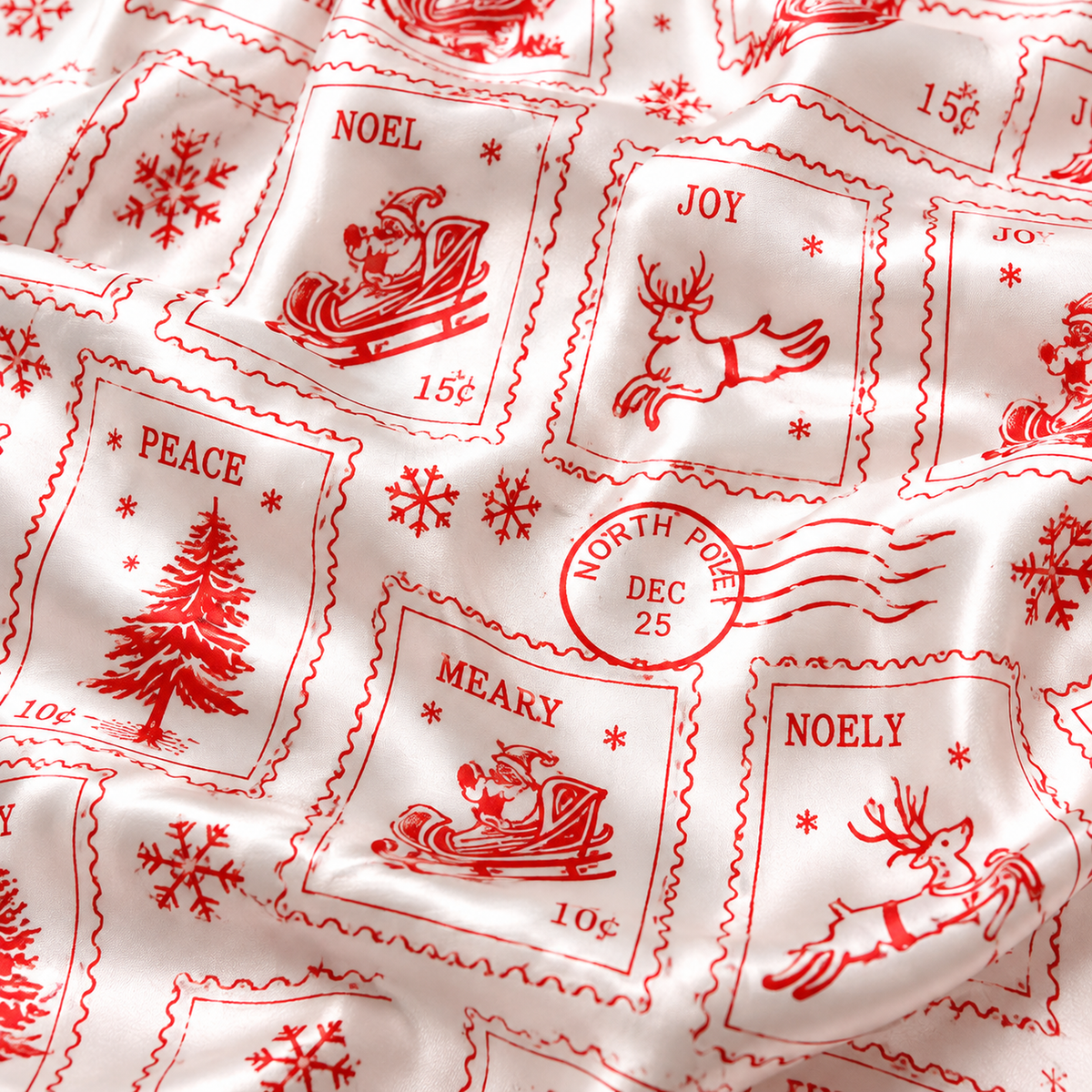 PJ-1886-Vintage Christmas Postage Satin Pajama Set with Santa Reindeer Trees and Retro Holiday Stamp Pattern for Cozy Sleepwear