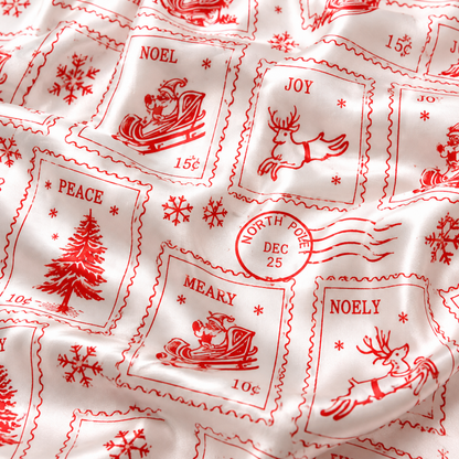 PJ-1886-Vintage Christmas Postage Satin Pajama Set with Santa Reindeer Trees and Retro Holiday Stamp Pattern for Cozy Sleepwear