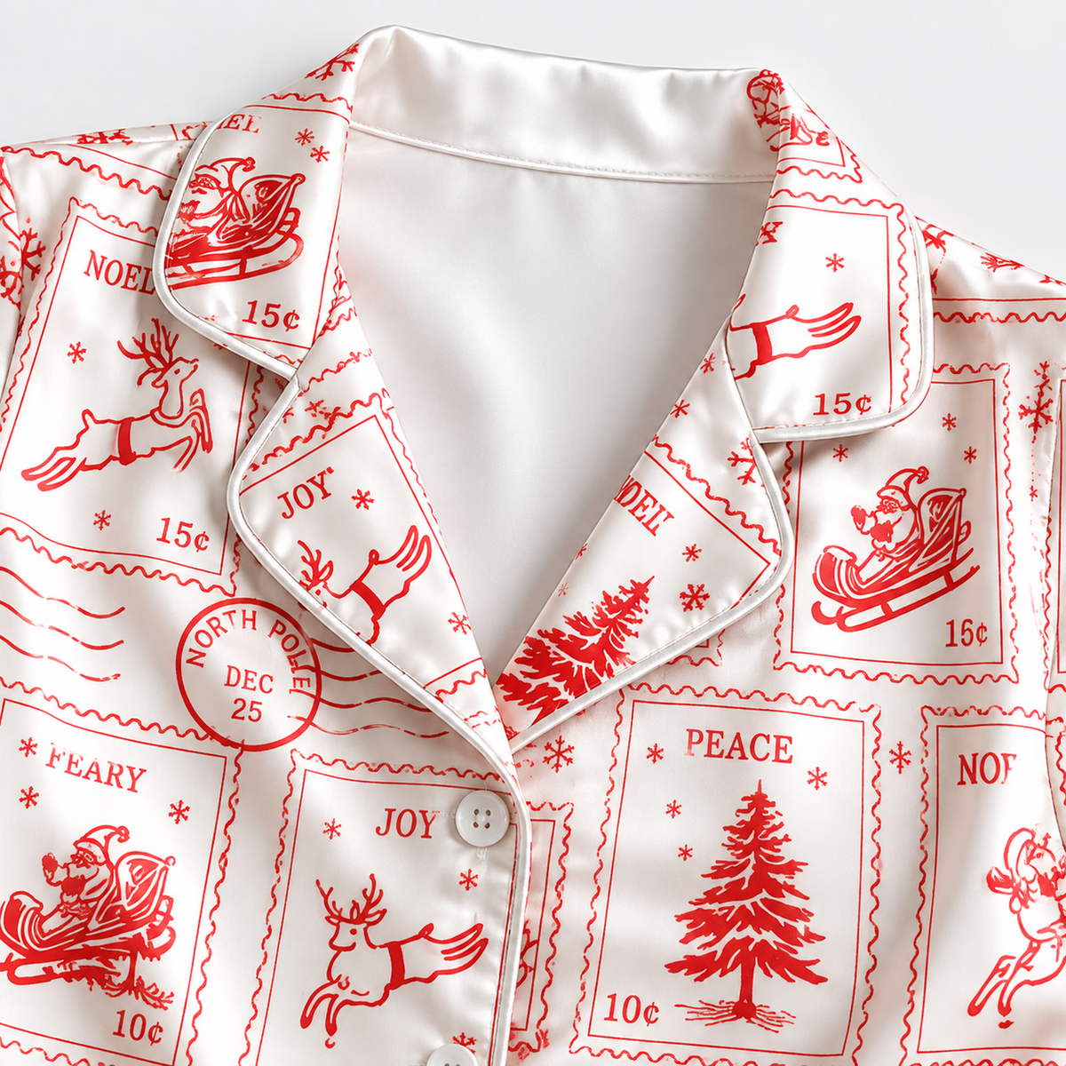 PJ-1886-Vintage Christmas Postage Satin Pajama Set with Santa Reindeer Trees and Retro Holiday Stamp Pattern for Cozy Sleepwear