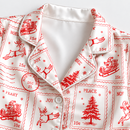 PJ-1886-Vintage Christmas Postage Satin Pajama Set with Santa Reindeer Trees and Retro Holiday Stamp Pattern for Cozy Sleepwear