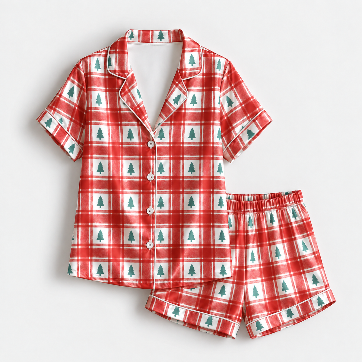 PJ-1887-Winter Village Satin Pajama Set with Snowy Houses Trees Snowmen Berries and Whimsical Holiday Pattern for Cozy Sleepwear