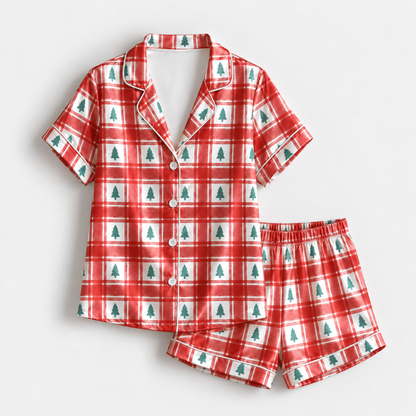 PJ-1887-Winter Village Satin Pajama Set with Snowy Houses Trees Snowmen Berries and Whimsical Holiday Pattern for Cozy Sleepwear