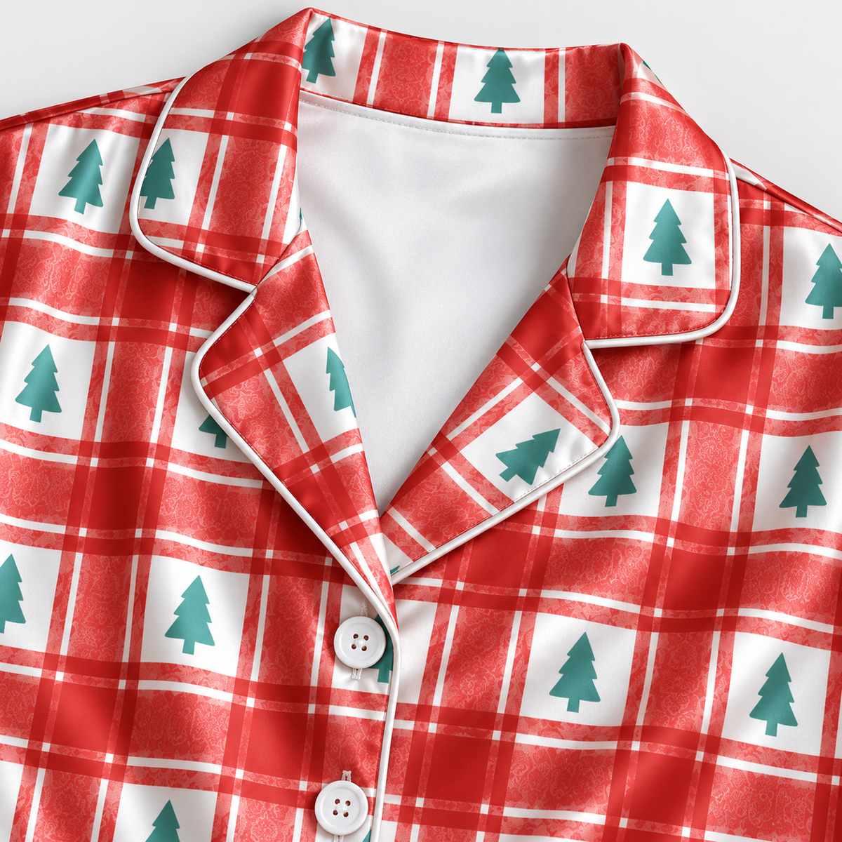 PJ-1887-Winter Village Satin Pajama Set with Snowy Houses Trees Snowmen Berries and Whimsical Holiday Pattern for Cozy Sleepwear