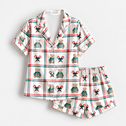 PJ-1888-Christmas Gift Satin Pajama Set with Wrapped Presents Candy Canes Peppermints Bows and Festive Holiday Pattern for Cozy Sleepwear