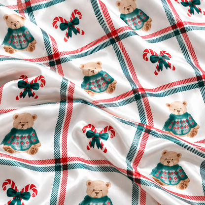 PJ-1888-Christmas Gift Satin Pajama Set with Wrapped Presents Candy Canes Peppermints Bows and Festive Holiday Pattern for Cozy Sleepwear