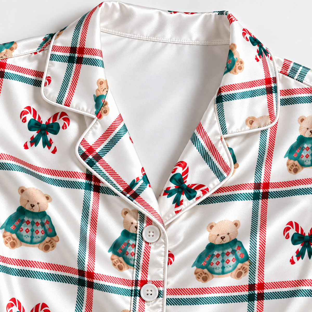 PJ-1888-Christmas Gift Satin Pajama Set with Wrapped Presents Candy Canes Peppermints Bows and Festive Holiday Pattern for Cozy Sleepwear