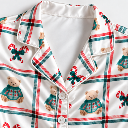 PJ-1888-Christmas Gift Satin Pajama Set with Wrapped Presents Candy Canes Peppermints Bows and Festive Holiday Pattern for Cozy Sleepwear