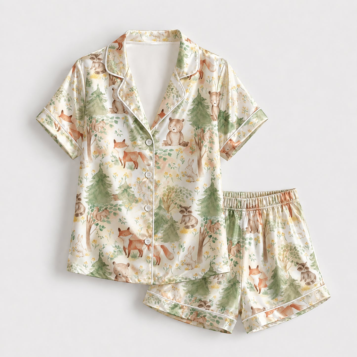 PJ-189-Cute Woodland Animal Satin Sleepwear Set With Pine Tree Print And Matching Pajama Bottoms FREE SHIPING