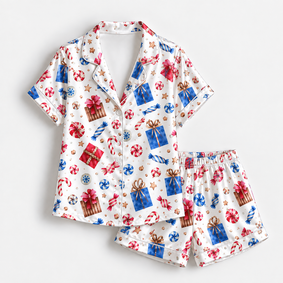 PJ-1891-Christmas Teddy Bear Satin Pajama Set with Tartan Plaid Candy Canes Bows and Festive Holiday Pattern for Cozy Sleepwear
