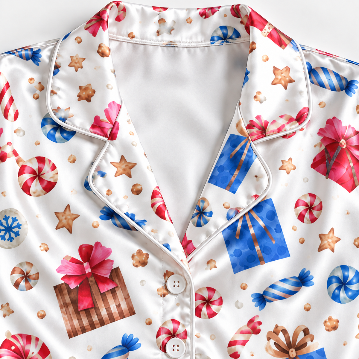 PJ-1891-Christmas Teddy Bear Satin Pajama Set with Tartan Plaid Candy Canes Bows and Festive Holiday Pattern for Cozy Sleepwear