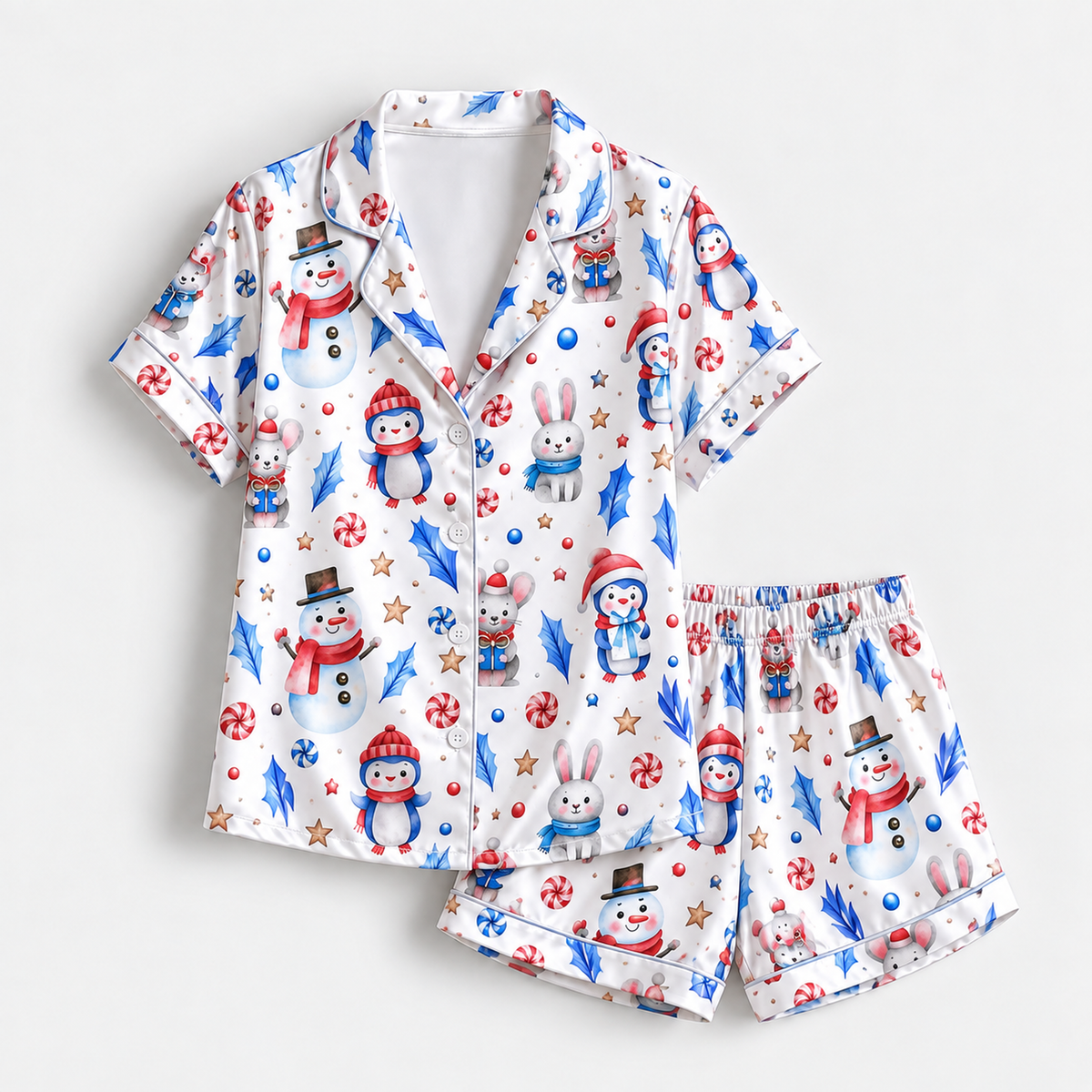 PJ-1893-Snowman Christmas Satin Pajama Set with Winter Bunnies Peppermints Stars Snowflakes and Whimsical Holiday Pattern for Cozy Sleepwear