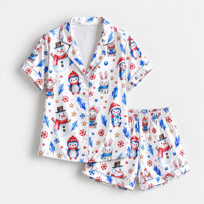 PJ-1893-Snowman Christmas Satin Pajama Set with Winter Bunnies Peppermints Stars Snowflakes and Whimsical Holiday Pattern for Cozy Sleepwear