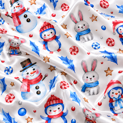 PJ-1893-Snowman Christmas Satin Pajama Set with Winter Bunnies Peppermints Stars Snowflakes and Whimsical Holiday Pattern for Cozy Sleepwear