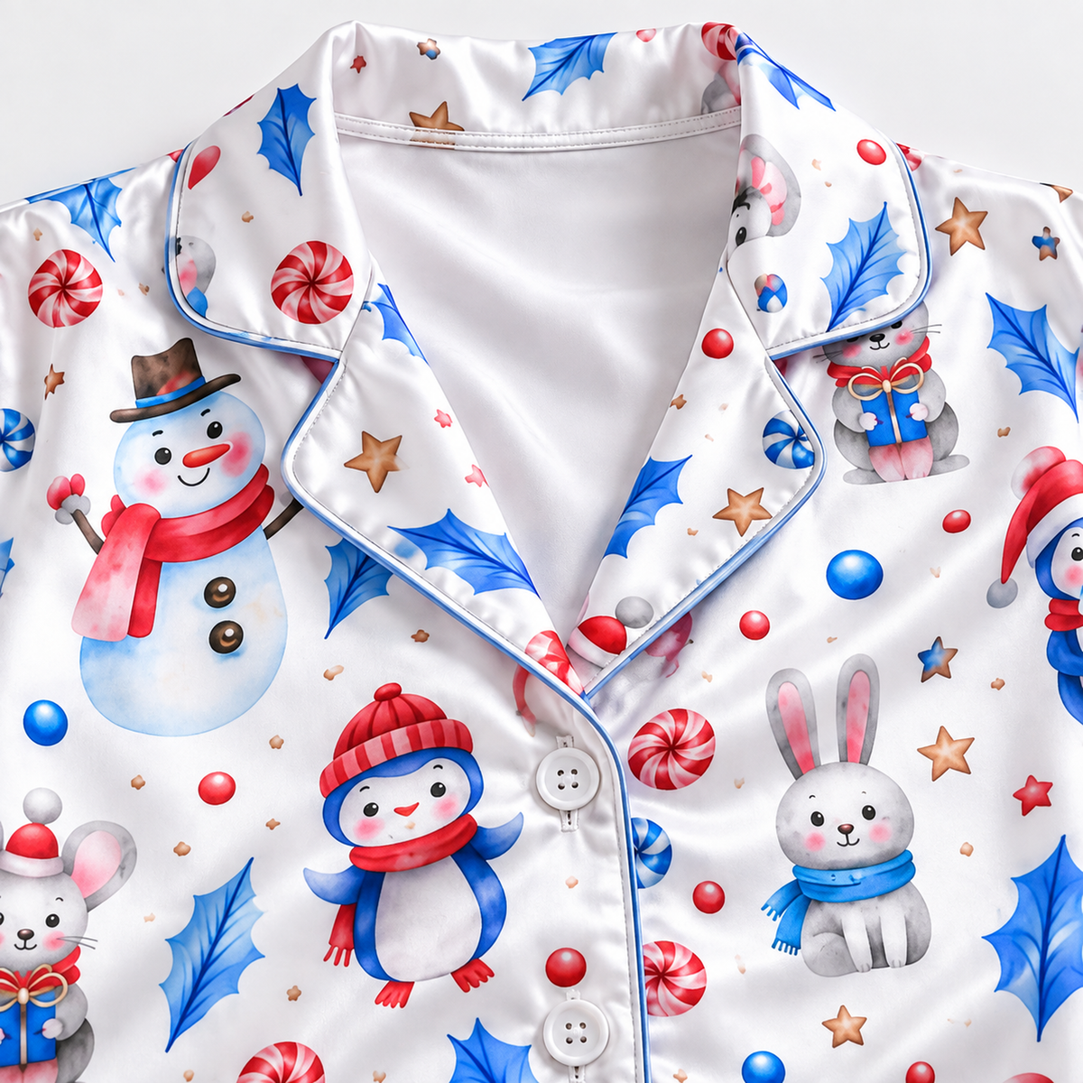 PJ-1893-Snowman Christmas Satin Pajama Set with Winter Bunnies Peppermints Stars Snowflakes and Whimsical Holiday Pattern for Cozy Sleepwear