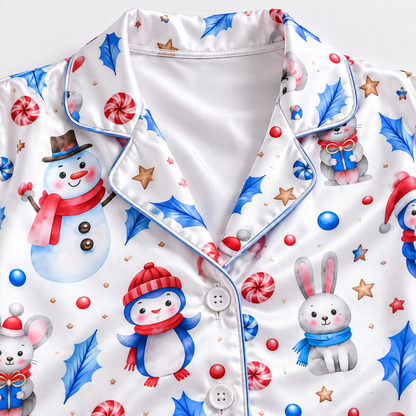 PJ-1893-Snowman Christmas Satin Pajama Set with Winter Bunnies Peppermints Stars Snowflakes and Whimsical Holiday Pattern for Cozy Sleepwear