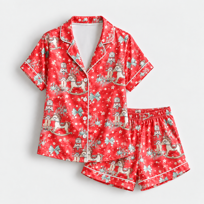 PJ-1894-Nutcracker Christmas Satin Pajama Set with Rocking Horses Bows Snowflakes and Festive Holiday Pattern for Cozy Sleepwear