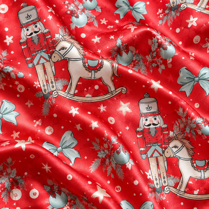 PJ-1894-Nutcracker Christmas Satin Pajama Set with Rocking Horses Bows Snowflakes and Festive Holiday Pattern for Cozy Sleepwear