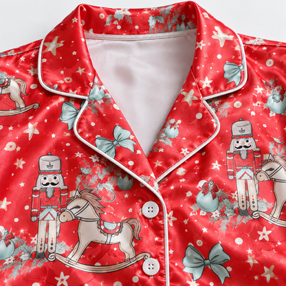 PJ-1894-Nutcracker Christmas Satin Pajama Set with Rocking Horses Bows Snowflakes and Festive Holiday Pattern for Cozy Sleepwear