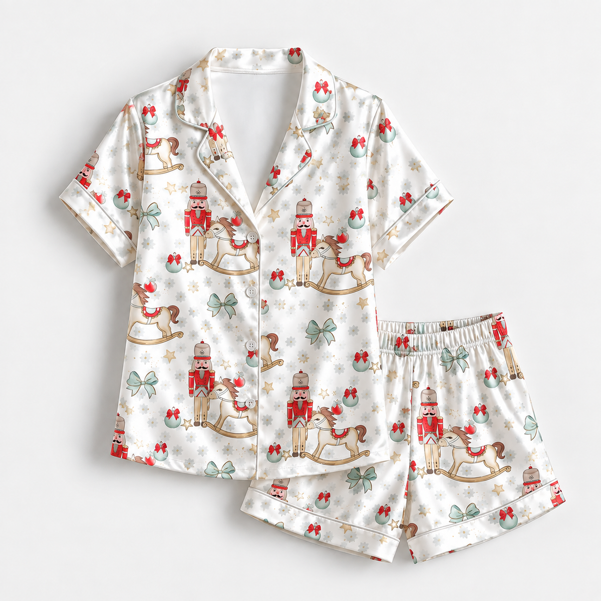 PJ-1895-Nutcracker Christmas Satin Pajama Set with Rocking Horses Ornaments Bows and Classic Winter Holiday Pattern for Cozy Sleepwear