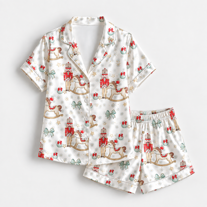 PJ-1895-Nutcracker Christmas Satin Pajama Set with Rocking Horses Ornaments Bows and Classic Winter Holiday Pattern for Cozy Sleepwear