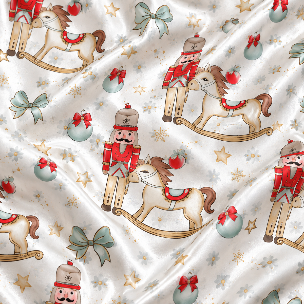 PJ-1895-Nutcracker Christmas Satin Pajama Set with Rocking Horses Ornaments Bows and Classic Winter Holiday Pattern for Cozy Sleepwear