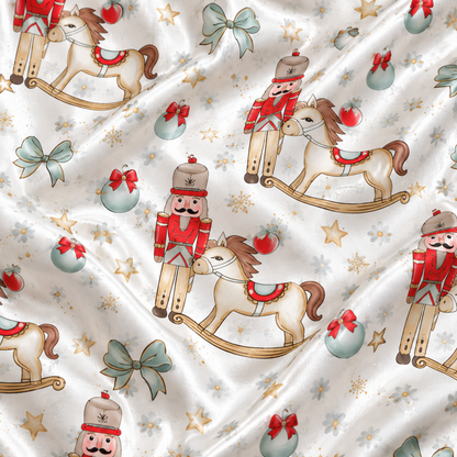 PJ-1895-Nutcracker Christmas Satin Pajama Set with Rocking Horses Ornaments Bows and Classic Winter Holiday Pattern for Cozy Sleepwear