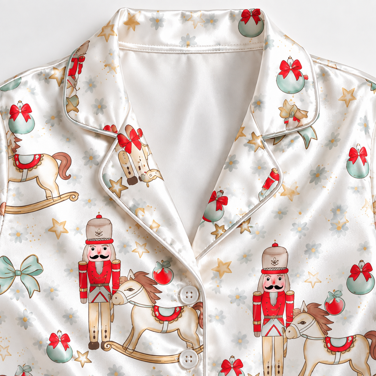 PJ-1895-Nutcracker Christmas Satin Pajama Set with Rocking Horses Ornaments Bows and Classic Winter Holiday Pattern for Cozy Sleepwear