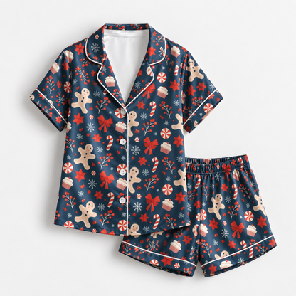 PJ-1896-Gingerbread Christmas Satin Pajama Set with Candy Canes Peppermints Bows Snowflakes and Festive Holiday Pattern for Cozy Sleepwear