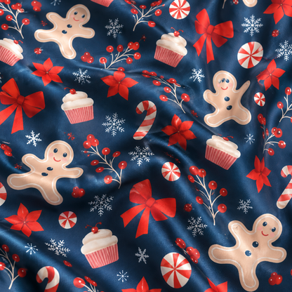 PJ-1896-Gingerbread Christmas Satin Pajama Set with Candy Canes Peppermints Bows Snowflakes and Festive Holiday Pattern for Cozy Sleepwear
