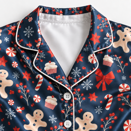 PJ-1896-Gingerbread Christmas Satin Pajama Set with Candy Canes Peppermints Bows Snowflakes and Festive Holiday Pattern for Cozy Sleepwear