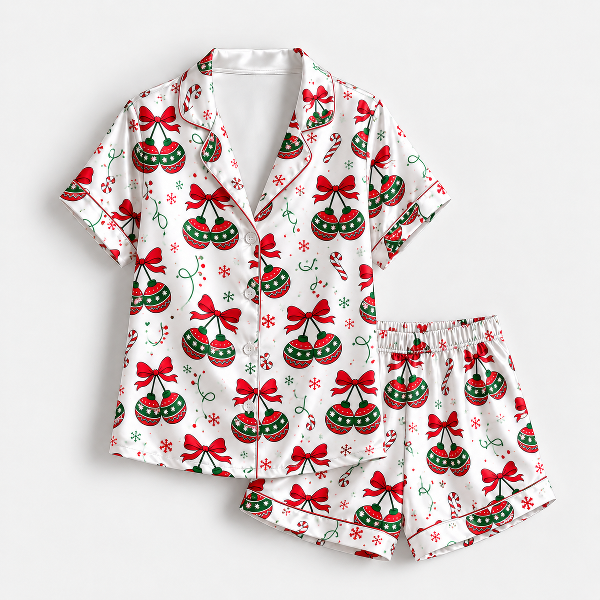 PJ-1897-Christmas Ornament Satin Pajama Set with Red Bows Candy Canes Snowflakes and Festive Holiday Pattern for Cozy Sleepwear