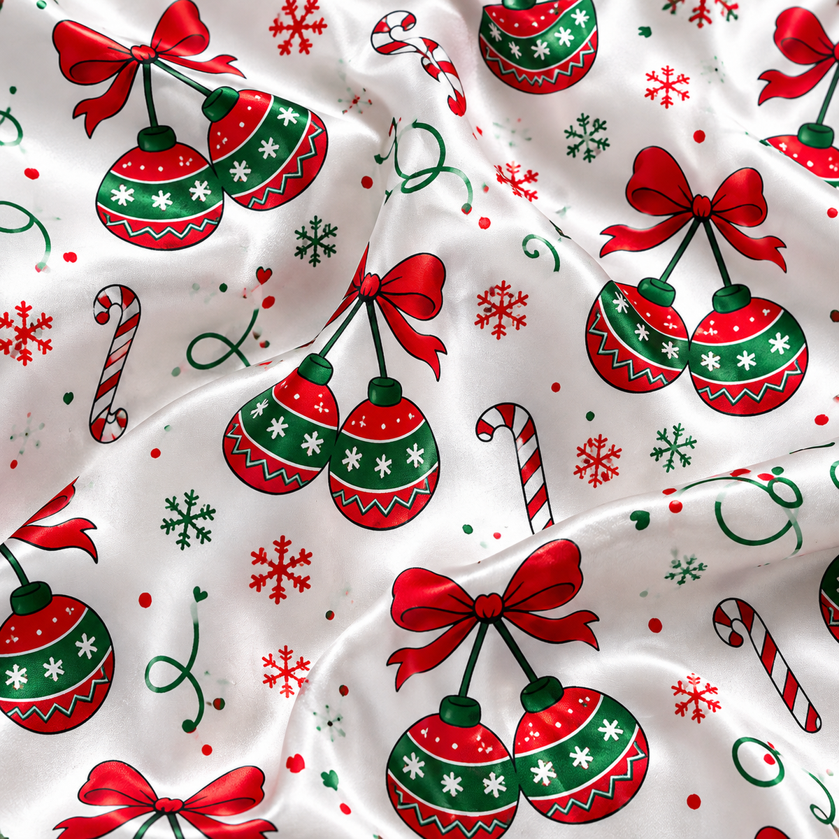 PJ-1897-Christmas Ornament Satin Pajama Set with Red Bows Candy Canes Snowflakes and Festive Holiday Pattern for Cozy Sleepwear