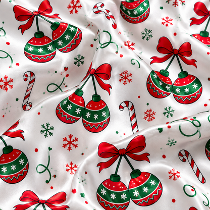 PJ-1897-Christmas Ornament Satin Pajama Set with Red Bows Candy Canes Snowflakes and Festive Holiday Pattern for Cozy Sleepwear