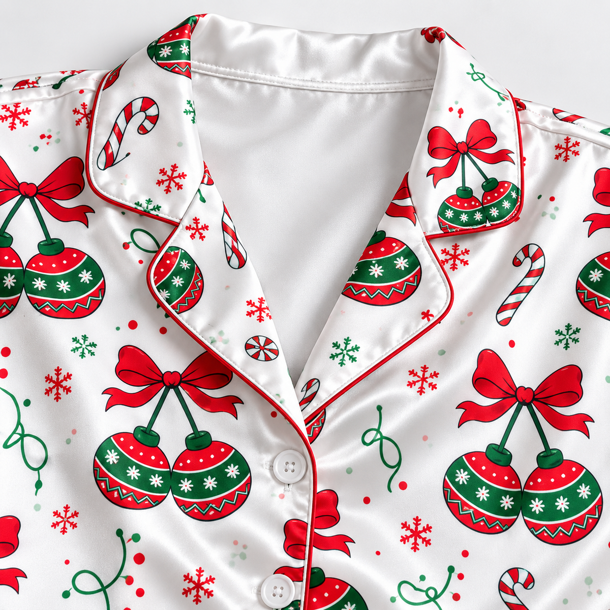 PJ-1897-Christmas Ornament Satin Pajama Set with Red Bows Candy Canes Snowflakes and Festive Holiday Pattern for Cozy Sleepwear