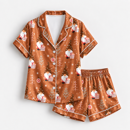 PJ-1898-Christmas Gnome Satin Pajama Set with Gift Boxes Winter Trees Ornaments Snowflakes and Cozy Festive Holiday Pattern