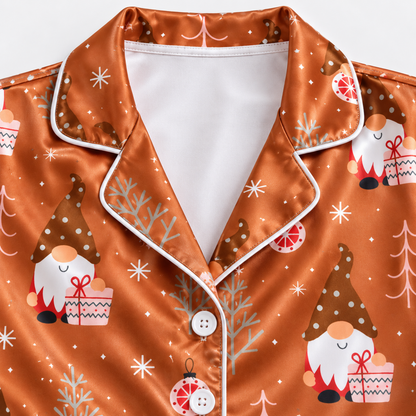 PJ-1898-Christmas Gnome Satin Pajama Set with Gift Boxes Winter Trees Ornaments Snowflakes and Cozy Festive Holiday Pattern