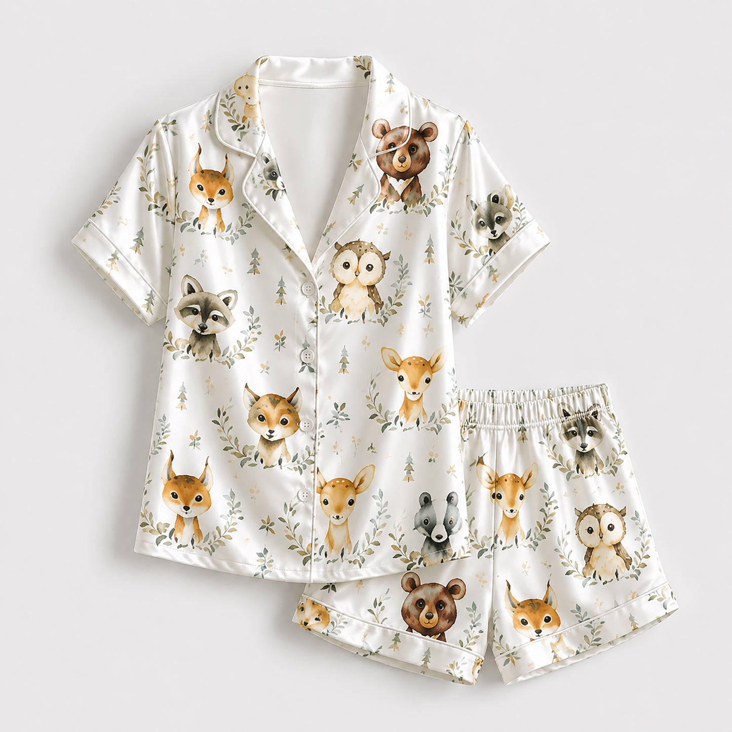 PJ-190-Cute Forest Animal Satin Sleepwear Set With Button Up Shirt And Soft Matching Pajama Bottoms FREE SHIPING