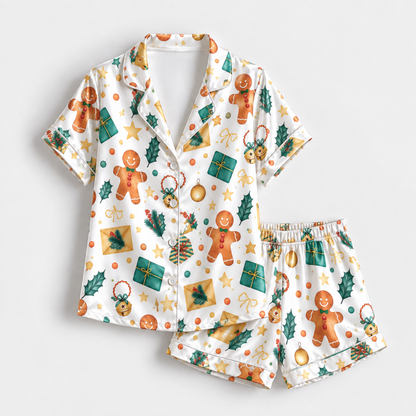 PJ-1900-Gingerbread Christmas Satin Pajama Set with Holly Gifts Ornaments Stars and Festive Holiday Pattern for Cozy Sleepwear