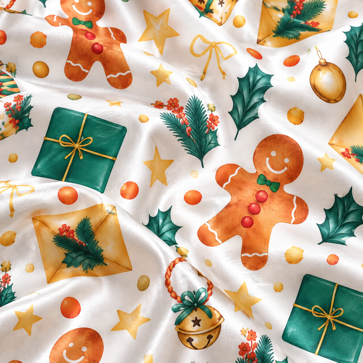 PJ-1900-Gingerbread Christmas Satin Pajama Set with Holly Gifts Ornaments Stars and Festive Holiday Pattern for Cozy Sleepwear