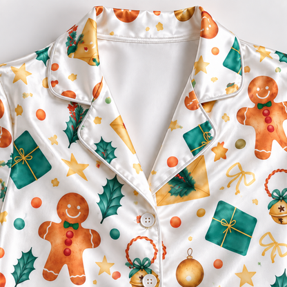 PJ-1900-Gingerbread Christmas Satin Pajama Set with Holly Gifts Ornaments Stars and Festive Holiday Pattern for Cozy Sleepwear