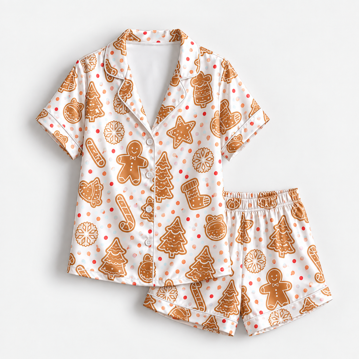PJ-1901-Gingerbread Cookie Christmas Satin Pajama Set with Trees Snowflakes Ornaments and Festive Holiday Treat Pattern for Cozy Sleepwear