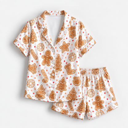 PJ-1901-Gingerbread Cookie Christmas Satin Pajama Set with Trees Snowflakes Ornaments and Festive Holiday Treat Pattern for Cozy Sleepwear