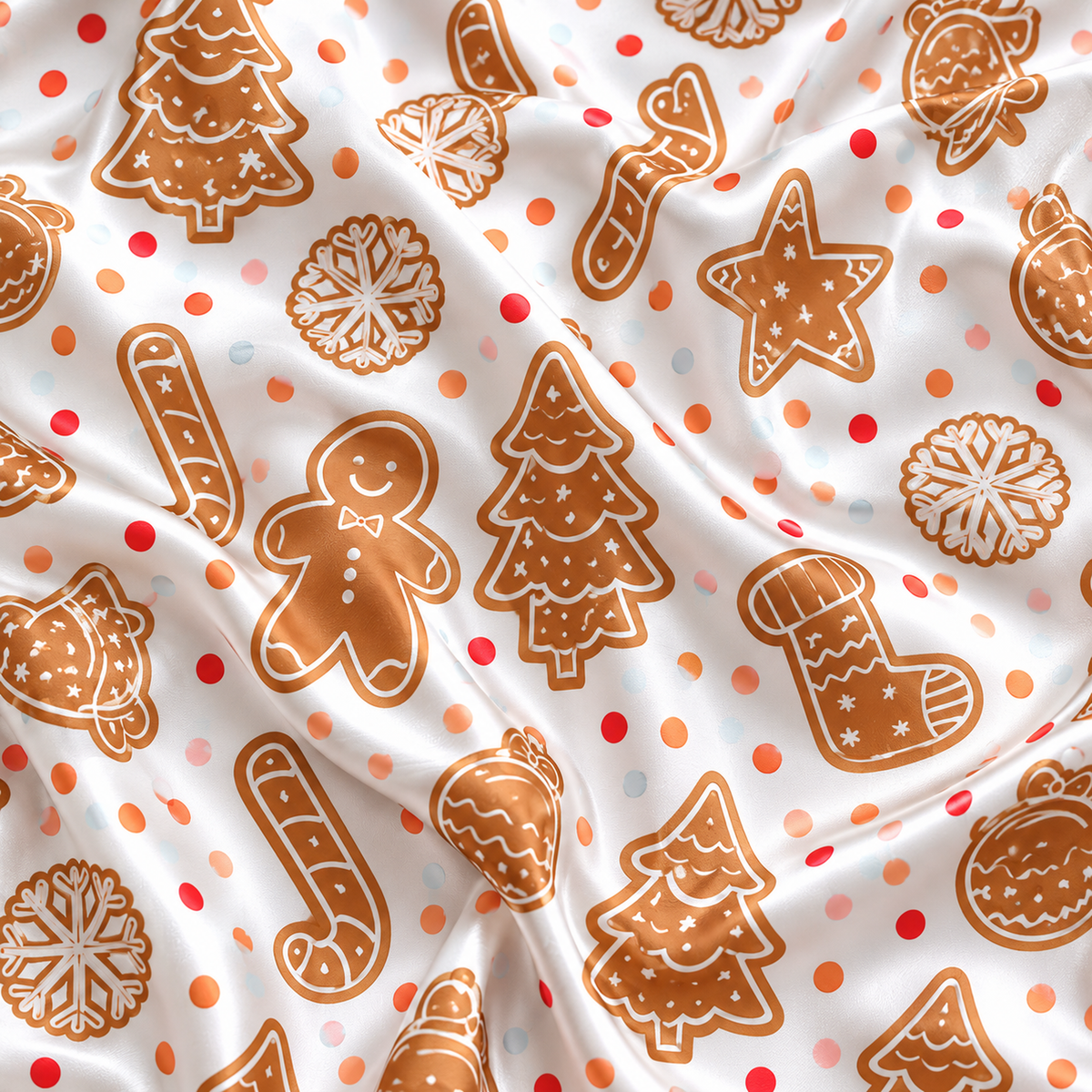 PJ-1901-Gingerbread Cookie Christmas Satin Pajama Set with Trees Snowflakes Ornaments and Festive Holiday Treat Pattern for Cozy Sleepwear