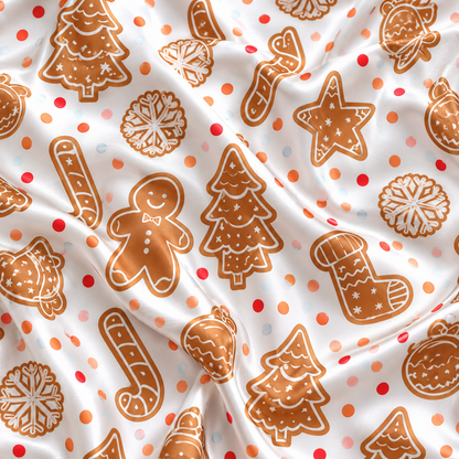PJ-1901-Gingerbread Cookie Christmas Satin Pajama Set with Trees Snowflakes Ornaments and Festive Holiday Treat Pattern for Cozy Sleepwear