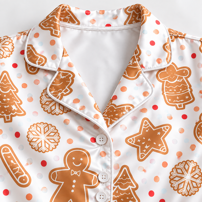 PJ-1901-Gingerbread Cookie Christmas Satin Pajama Set with Trees Snowflakes Ornaments and Festive Holiday Treat Pattern for Cozy Sleepwear