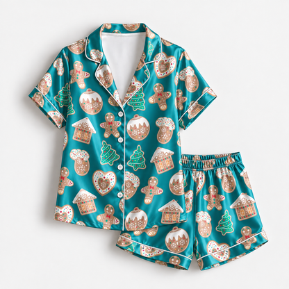 PJ-1902-Gingerbread Christmas Satin Pajama Set with Cookies Houses Trees Hearts and Festive Holiday Treat Pattern for Cozy Sleepwear