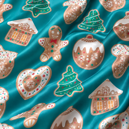 PJ-1902-Gingerbread Christmas Satin Pajama Set with Cookies Houses Trees Hearts and Festive Holiday Treat Pattern for Cozy Sleepwear