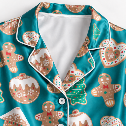 PJ-1902-Gingerbread Christmas Satin Pajama Set with Cookies Houses Trees Hearts and Festive Holiday Treat Pattern for Cozy Sleepwear